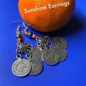 Coin Earrings, Drop Dangle, Summertime Coral & Teal Everyday Earrings. Boho FUN